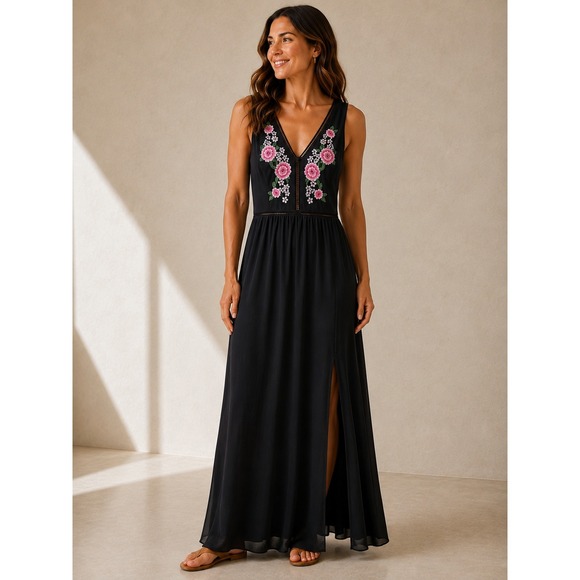 Premier Amour Dresses & Skirts - Boho Whimsigoth Maxi‎ Dress Romantic Black Floral Embroidered Sleeveless Resort